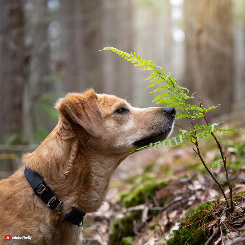 Firefly cane che odora una pianta nel bosco 61100