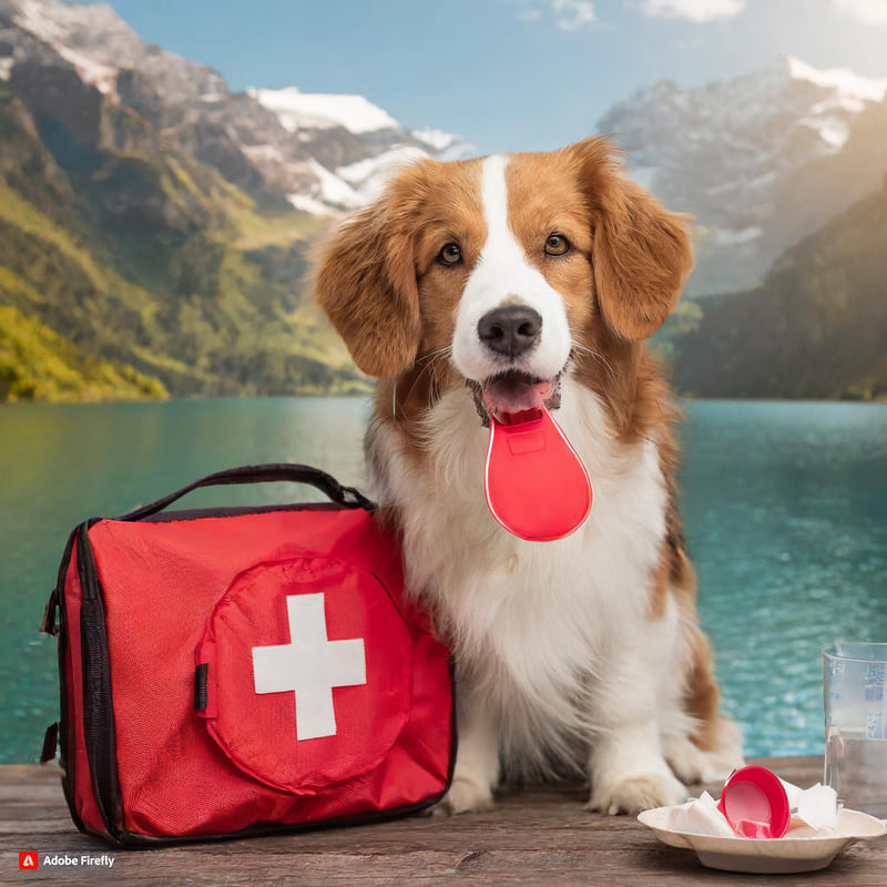 Firefly cane con un kit di pronto soccorso in bocca e un vaso rotto accanto 24619