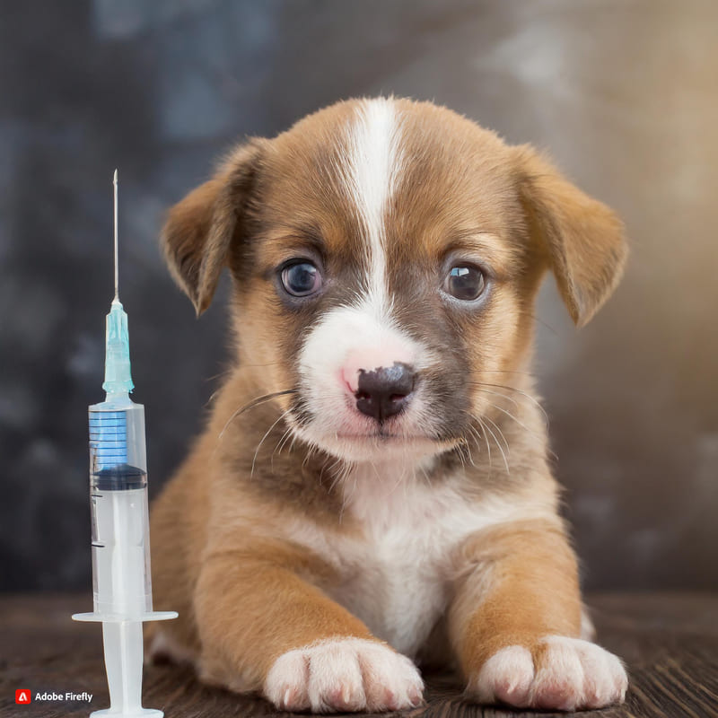Firefly cucciolo di cane con una siringa per il vaccino